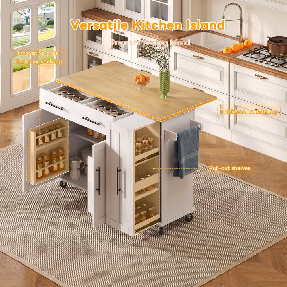 BTM White Kitchen Island Drop Leaf Storage Trolley with Drawers, W/D/H: 40 x 40 x 90 cm – 2