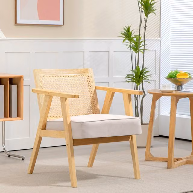 HOMCOM Boho Rattan Armchair with Solid Rubberwood Frame and Yellow Fabric Seat Cushion