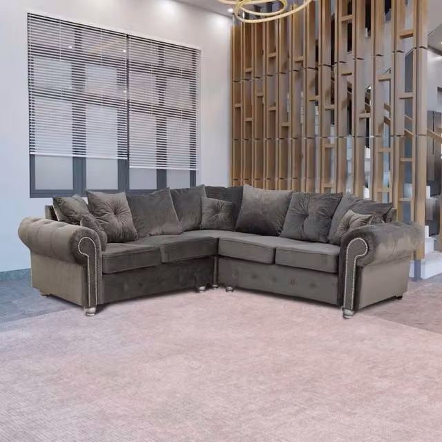 Sliding Wardrobes 4U Ashona Plus Grey Velvet L-Shape Corner Sofa Set with 3-Seater, 2-Seater and Corner Elements