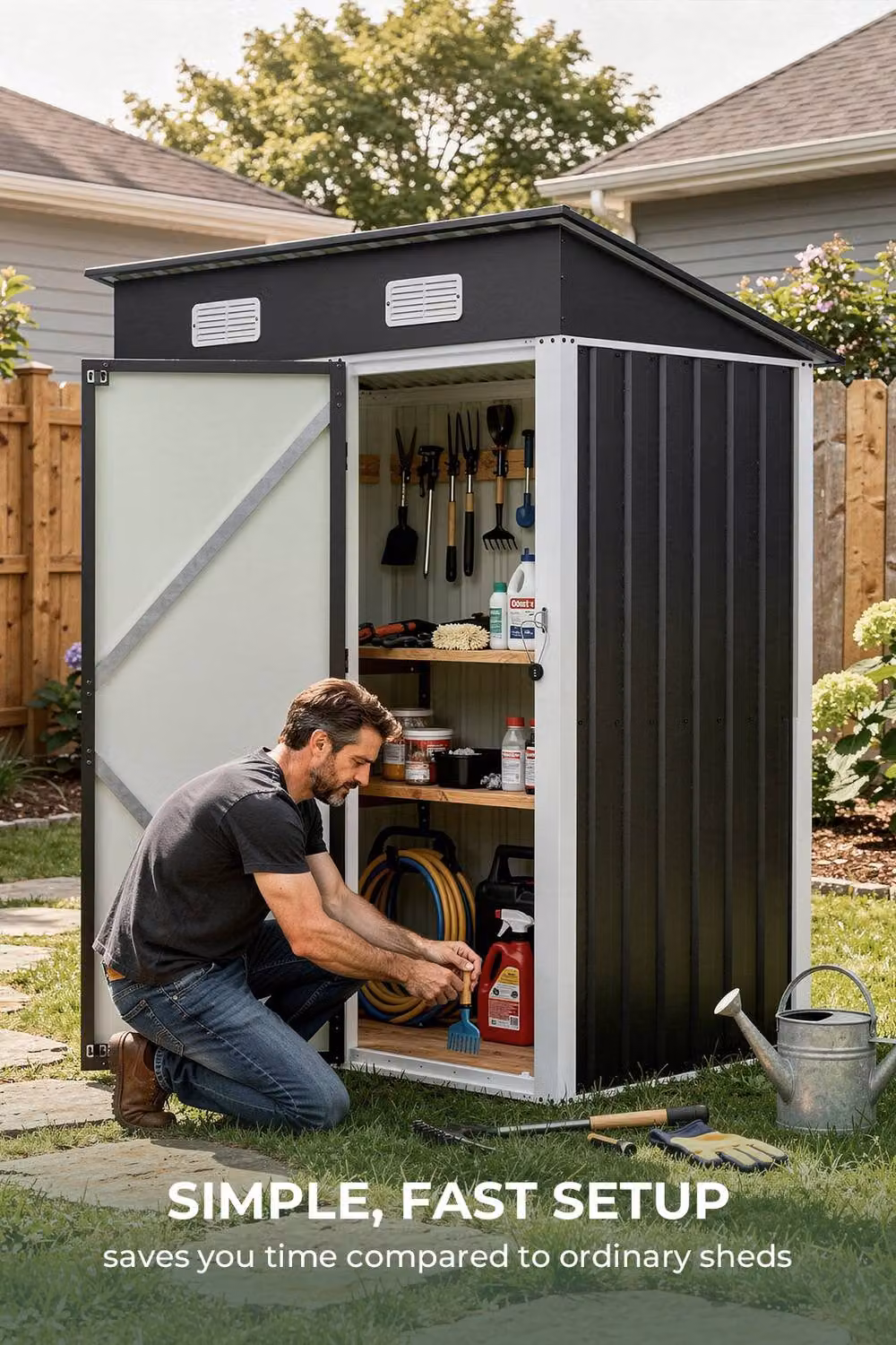 Garden Sanctuary Black Metal Pent Garden Storage Shed with Lockable Door, W/D/H: 152.4 x 91.44 x 181.0 cm – 4