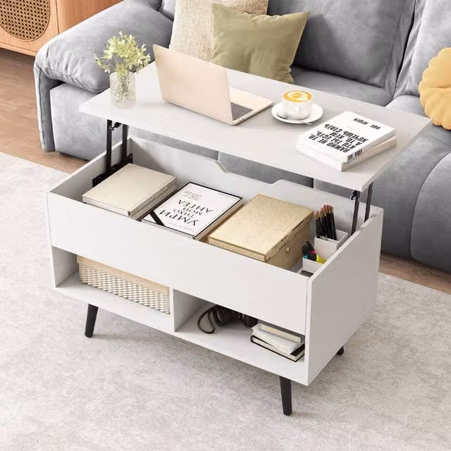 Costway Mid Century Modern Lift Top Coffee Table with Shelves in White