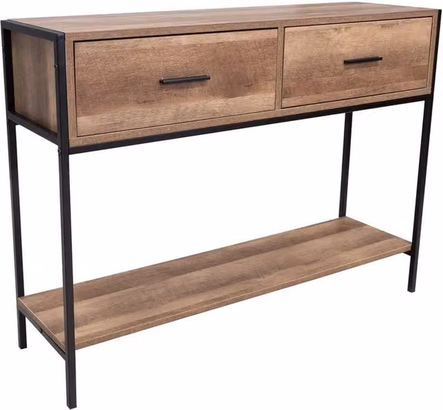 VOGREX Industrial Metal and Wood Console Table with 2 Drawers and Storage Shelf in Brown and Black