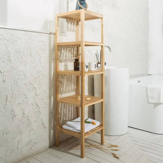 HMD Furniture Birch Wood Book Storage Shelf in Sand/Beige, H 139 x W 37 x D 37 cm