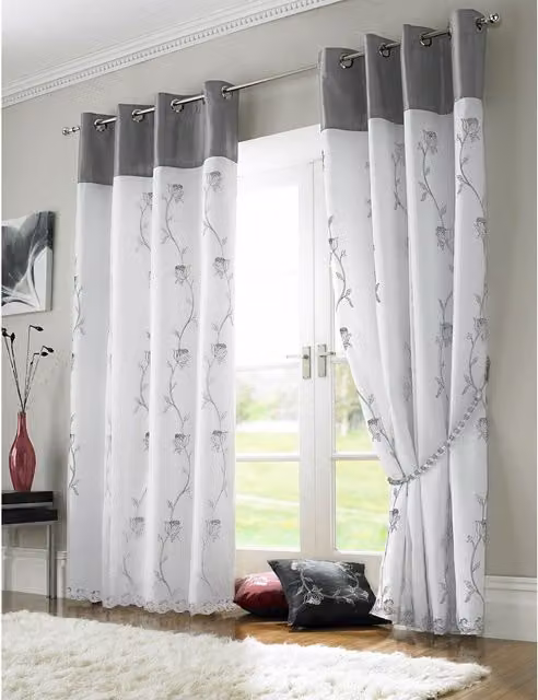 Alan Symonds Tahiti Silver Floral Fully Lined Eyelet Curtains, Width: 183 cm