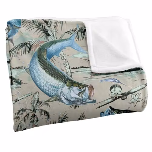 JQ Licensing Tarpon Tiki Fishing Pattern 2 Silky Touch Super Soft Fleece Throw Blanket, White, W/D/H: 152 x 127 cm – 2