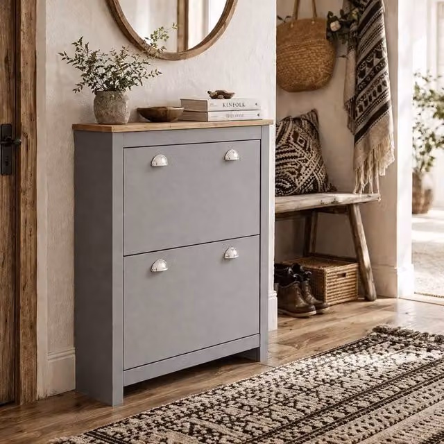 Wyld Haus Kamcha Grey Narrow Wall Mounted Shoe Cabinet with 2 Tilting Compartments and Internal Shelves – 1