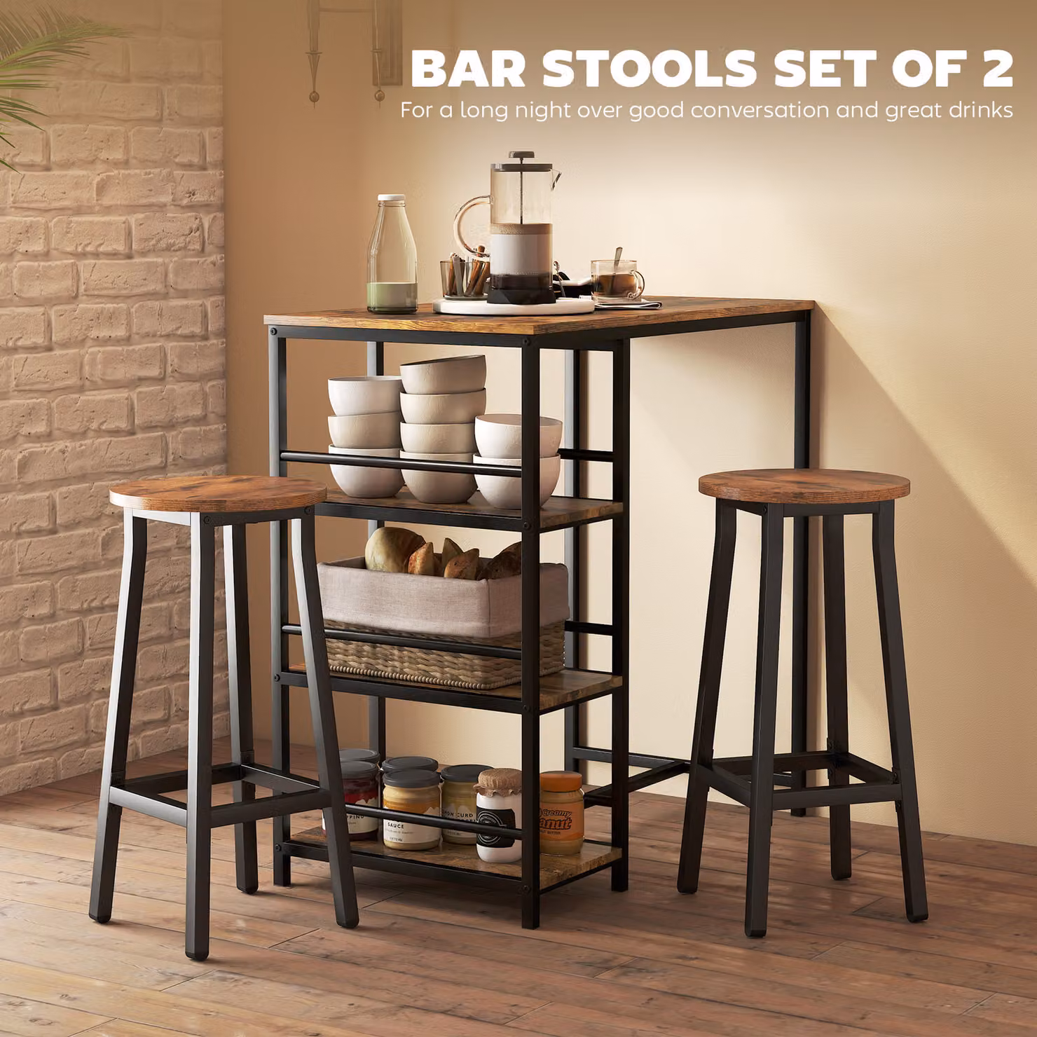 HOMCOM Set of 2 Industrial Round Breakfast Bar Stools with Footrest, Rustic Brown and Black, W/D/H: 32 x 32 x 65 cm – 6