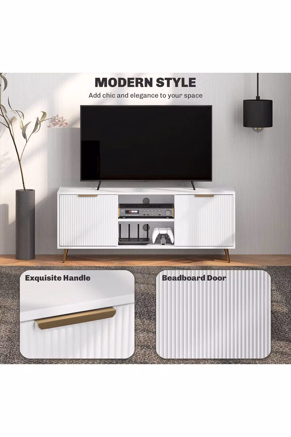 ERGOVEXA Modern White MDF TV Stand Cabinet with Media Compartments and Grommet, W: 120 cm, D: 35 cm, H: 48 cm – 2