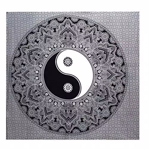 KDMD Ying Yang Double Cotton Bedspread and Wall Hanging Set in Black and White