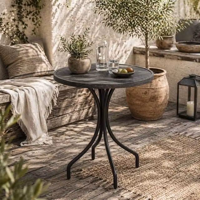 Wyld Haus Nari Round Slatted Garden Table in Grey Matt Steel, Diameter: 66 cm, Height: 71.5 cm