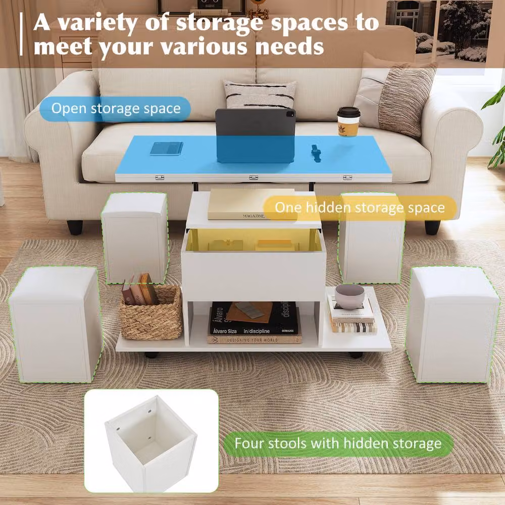STILVORA Modern White Rectangular Coffee Table with Lift Top and Hidden Storage, Width: 100 cm – 4