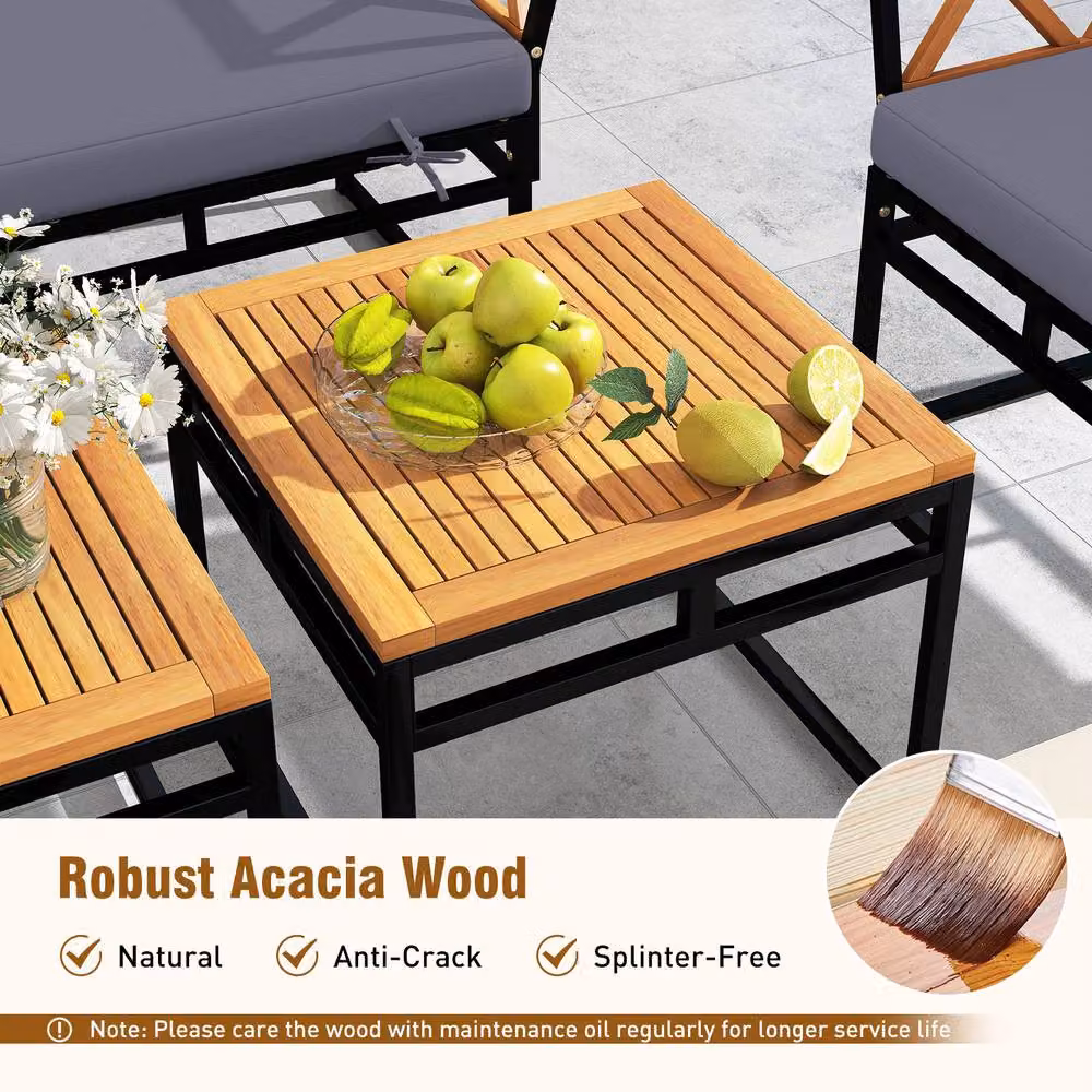 Gymax 7-Piece L-Shape Sectional Garden Sofa Set with Coffee Table and Ottoman in Brown – 4