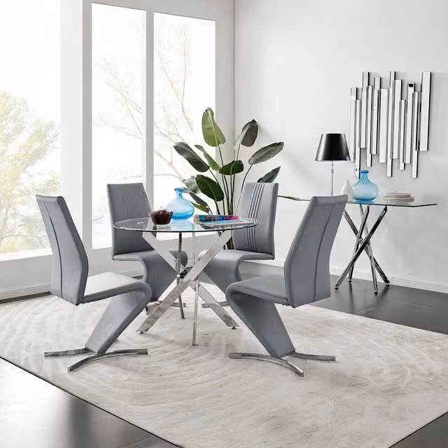 FurnitureboxUK Novara Round Glass and Chrome Dining Table with 4 Willow Chairs Set in Grey, Diameter: 100 cm – 1