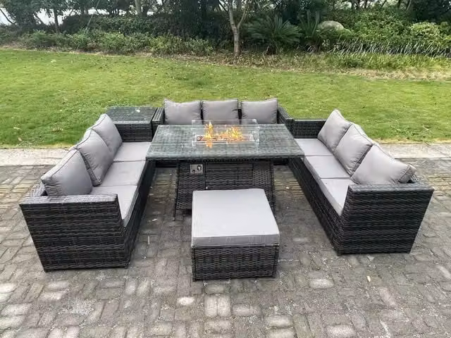 Fimous 10 Seater Rattan Garden Furniture Set with Gas Fire Pit Dining Table in Dark Grey
