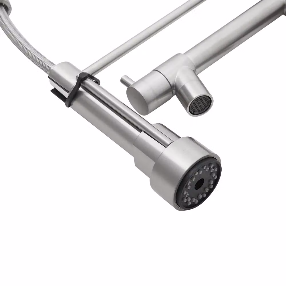 Livingandhome Stainless Steel Kitchen Faucet with Pot Filler and Pull Down Spring Spout in Silver Brushed Steel – 2
