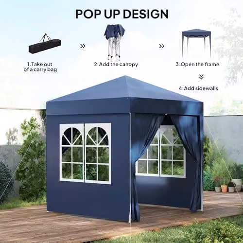 Outsunny Blue Pop Up Garden Gazebo Party Tent Marquee with Windows, W: 200 cm, D: 200 cm, H: 240 cm – 3