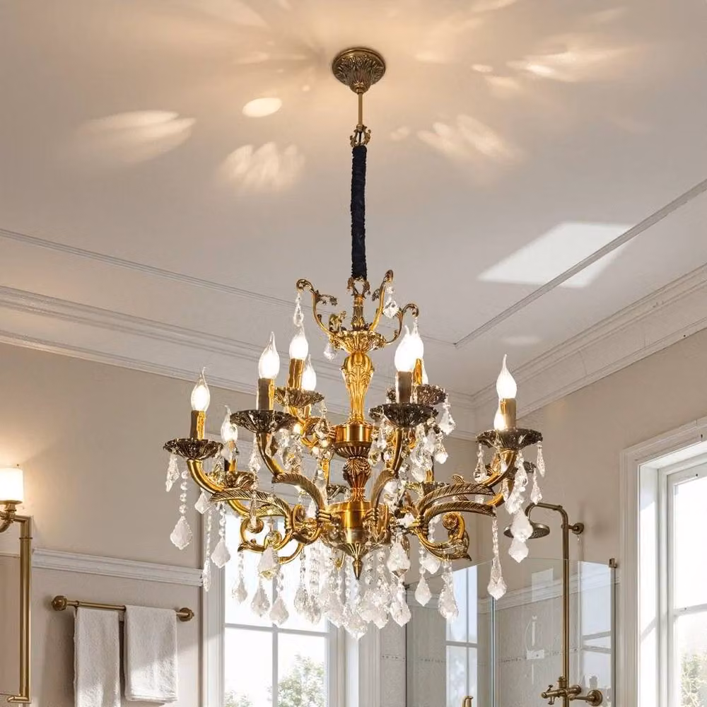 PAWNORA Large 12-Light Suspended Ceiling Pendant Light in Gold and Brass with Crystal Details – 3