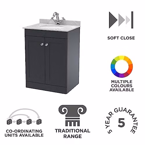 nuie Classique CLC1425GR1 Floor Standing 2 Door Bathroom Unit with 1 Tap Hole Marble Worktop and Round Basin in Soft Black/Grey, W: 60.0 cm, D: 47.0 cm, H: 87.8 cm – 2