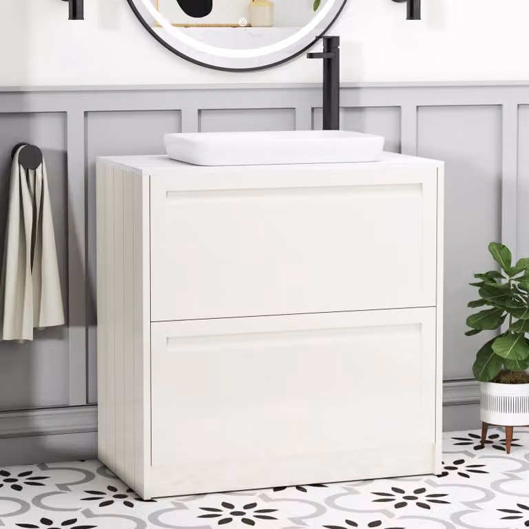 Royal Bathrooms Elmore Classic White Floor Standing Countertop Vanity Unit with 2 Drawers and Qubix Basin, Width: 80 cm