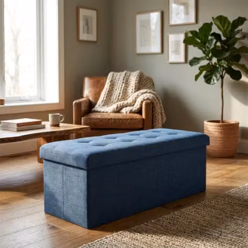 Harbour Housewares Foldable Storage Ottoman Bench in Blue Fabric, W/D/H: 111 x 39 x 36 cm – 7