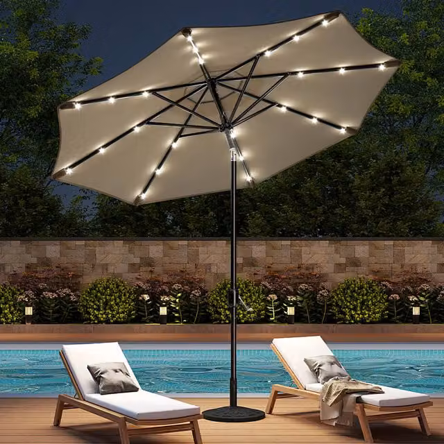 Livingandhome Cantilever Garden Parasol with Resin Base and 24 LED Lights in Beige
