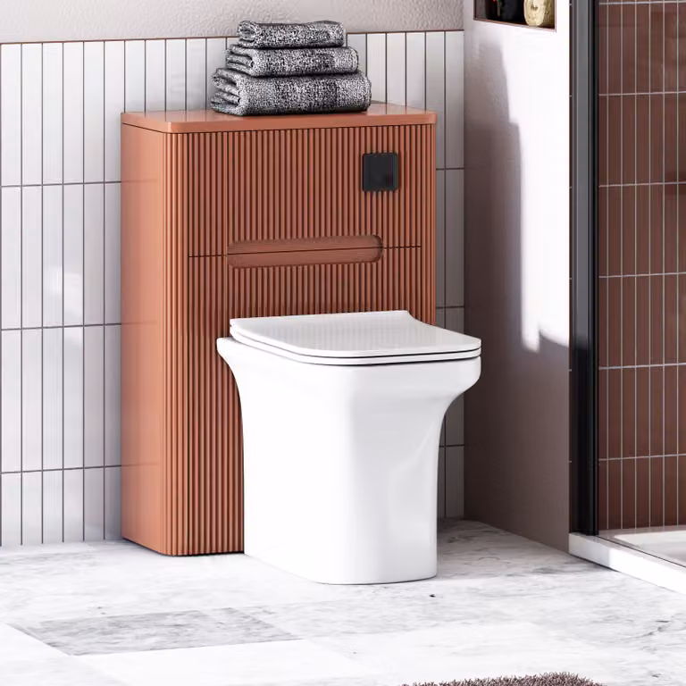 Avenza Terracotta Clay Wall Mounted WC Unit with Crosby Rimless Toilet Pan, Seat and Cistern, Width: 55 cm