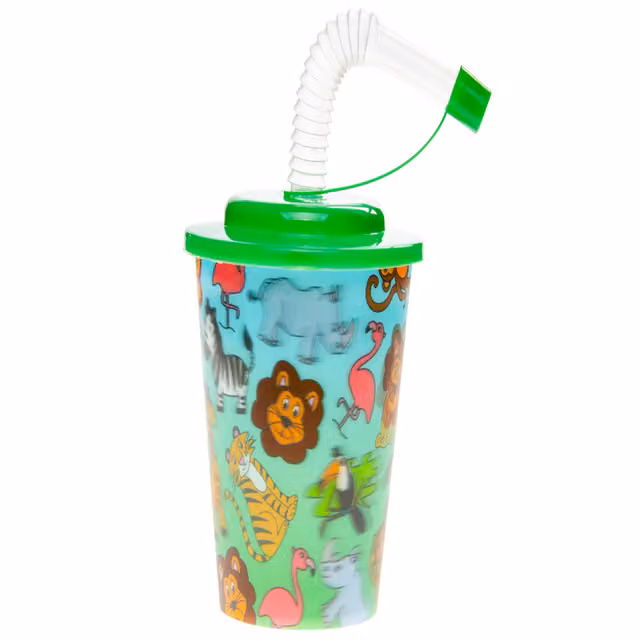 Pack of 12 Multicolour Wild Animals 3D Plastic Cups with Straw and Lid for Children