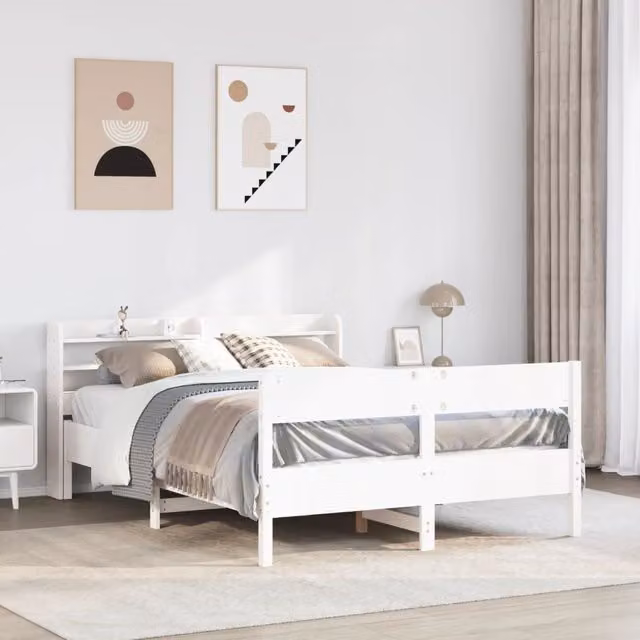 Berkfield Home White Solid Pine Wood Bed Frame with Side Compartments, W/D/H: 150 x 200 cm