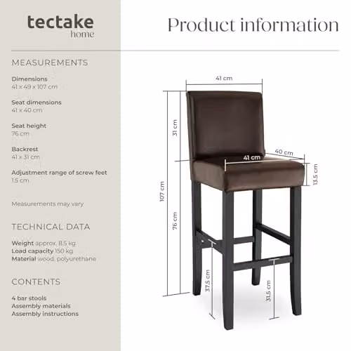 tectake Set of 4 Modern Bar Stools with Synthetic Leather and Glossy Wood Legs in Brown and Black – 3
