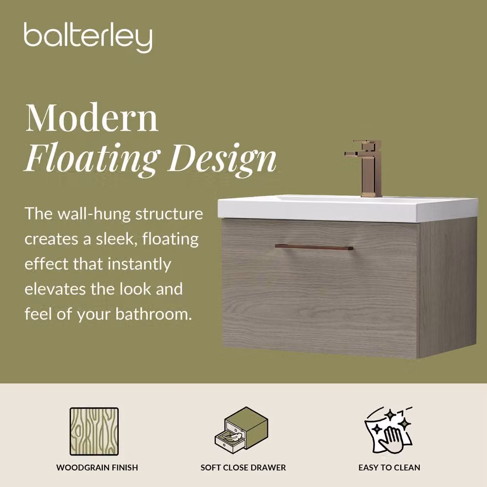 Balterley Mid Oak Wall Hung 1 Drawer Vanity Basin Unit with Bronze Handle in Brown – 2