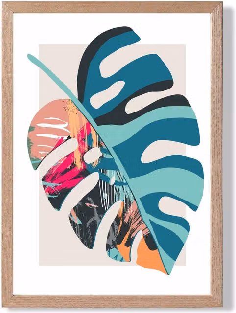 ARTZE Monstera Blue and Pink Boho Botanical Framed Print with Oak Frame