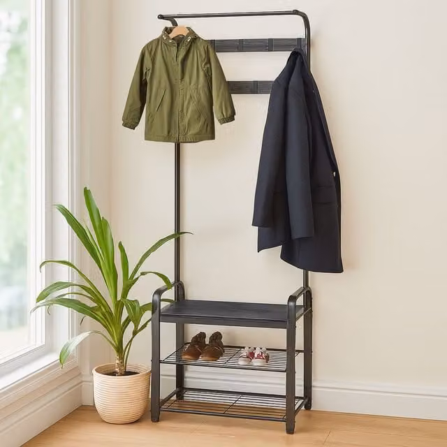 Harbour Housewares Industrial Hall Tree with Shoe Storage Bench and Coat Rack in Matt Black