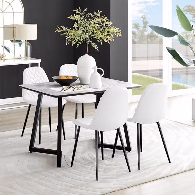 FurnitureboxUK Carson White Marble Effect Dining Table and 4 Corona Black Faux Leather Chairs