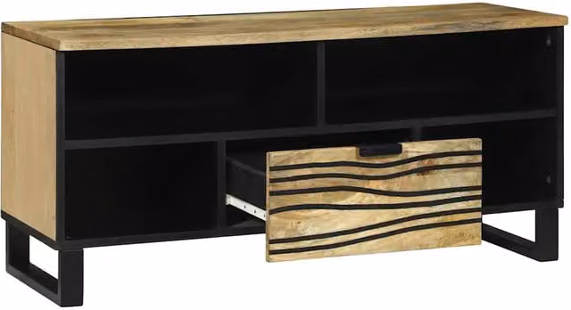 Berkfield Home Modern TV Cabinet in Brown Mango Wood and Black Metal, W: 100 cm, D: 46 cm, H: 33.5 cm – 1