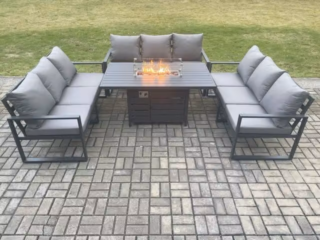 Fimous 9 Seater Aluminium Garden Furniture Set with Gas Fire Pit Dining Table in Dark Grey