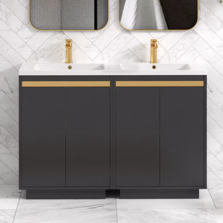 Royal Bathrooms Orion 1200mm Matt Obsidian Black 4 Door Floor Standing Vanity Unit with Ceramic Basin and Gold Accent Trim