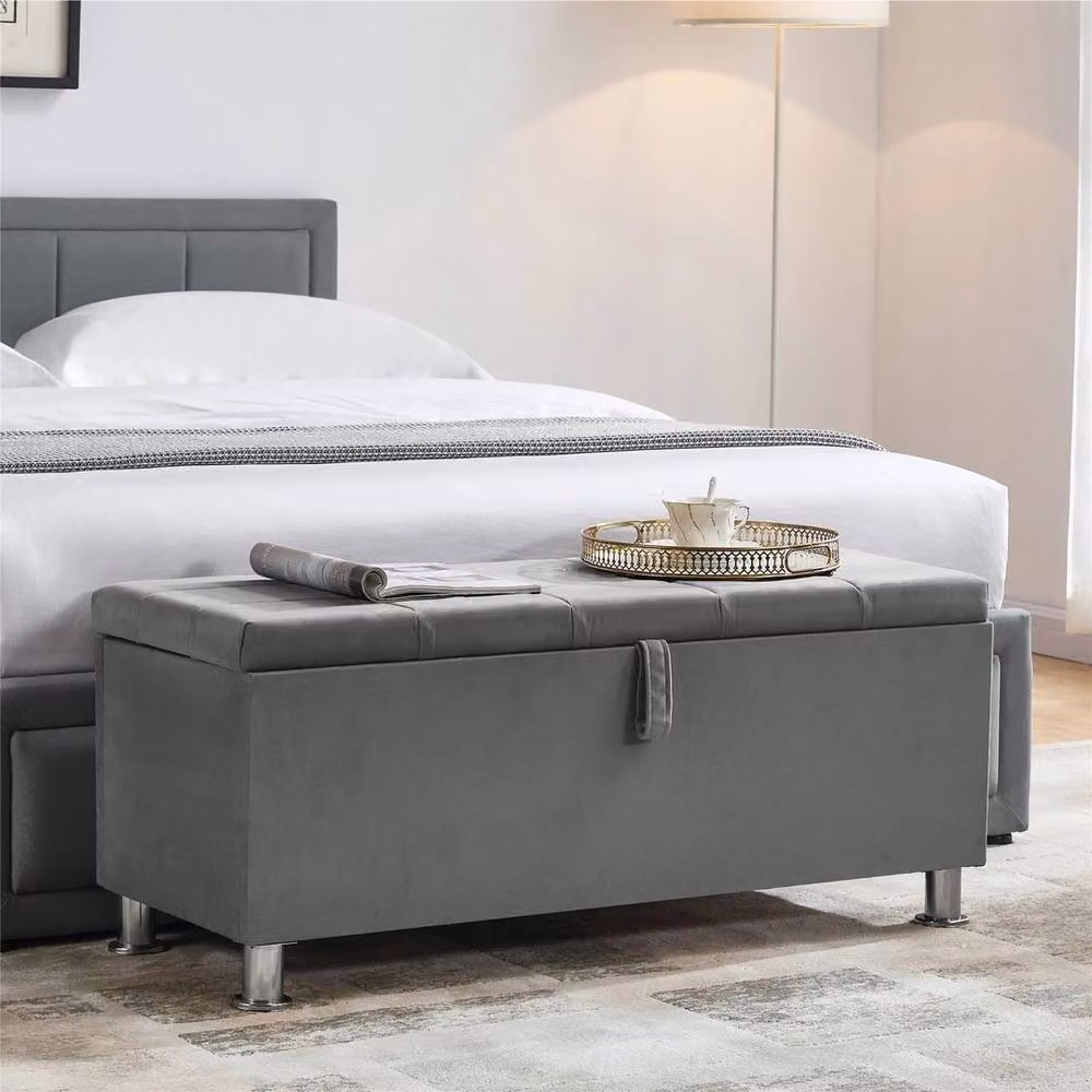 ERGOVEXA Grey Velvet Storage Ottoman Seat Stool and Toy Box Chest – 3