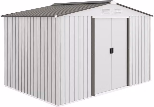 Outsunny Grey Metal Pent Garden Storage Shed with Double Doors and Floor Foundation, W: 274.3 cm, D: 182.9 cm, H: 183.0 cm