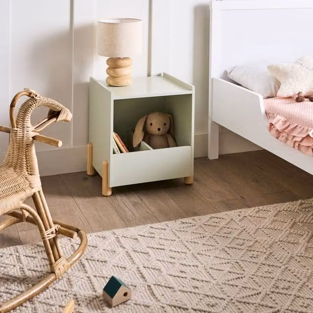 Wyld and Coco Bedside Table in Light Green with Open Shelf and Concealed Storage – 1