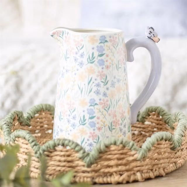 KDMK Spring Garden Ditsy Floral Ceramic Flower Jug with Butterfly in White, Purple and Multicolour