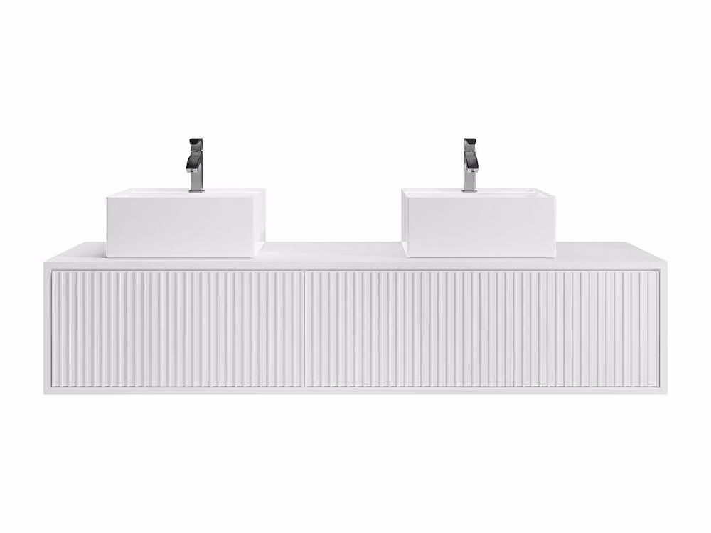Vente-unique Ribbed Suspended Bathroom Cabinet with Double Basin, White, W: 150 cm, D: 47 cm, H: 32 cm – 2