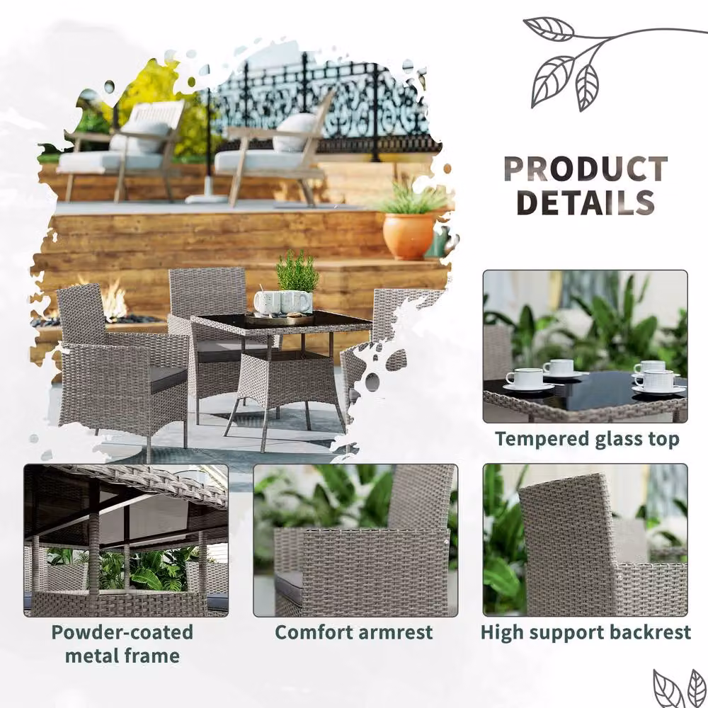 OUTSUNNY Modern Rattan Outdoor Dining Set for 4 with Glass Top and Metal Frame, Light Grey – 4