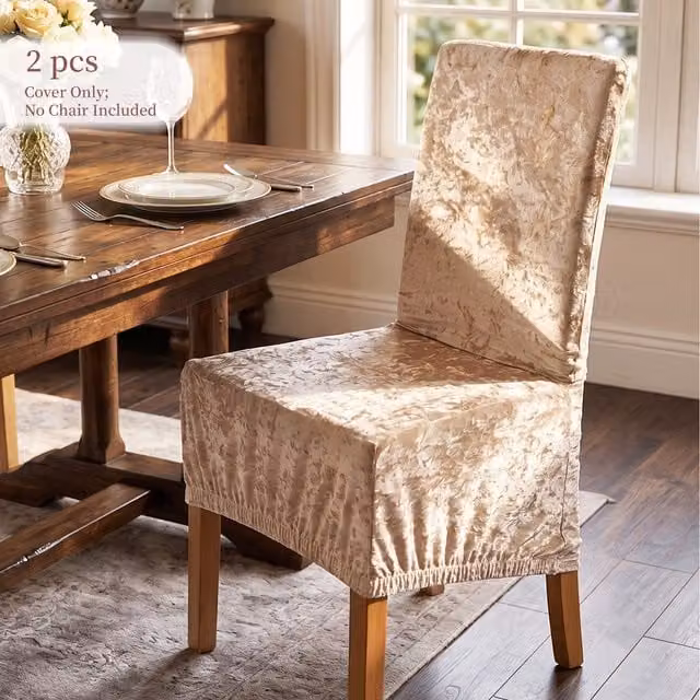 Livingandhome 2 Pack Champagne Velvet Stretch Dining Chair Covers with Elastic Band