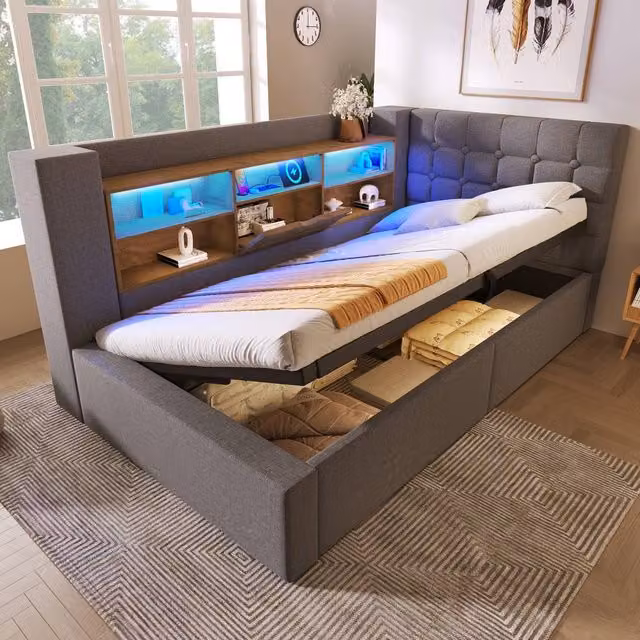 ModernLuxe Single Sofa Bed in Grey with LED Lights, Ottoman Storage and L-shape Storage Headboard