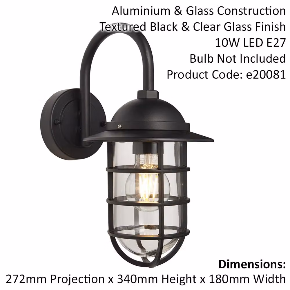 Loops Modern Caged Outdoor Wall Light in Black with Transparent Glass Shade, IP44 Rated – 2