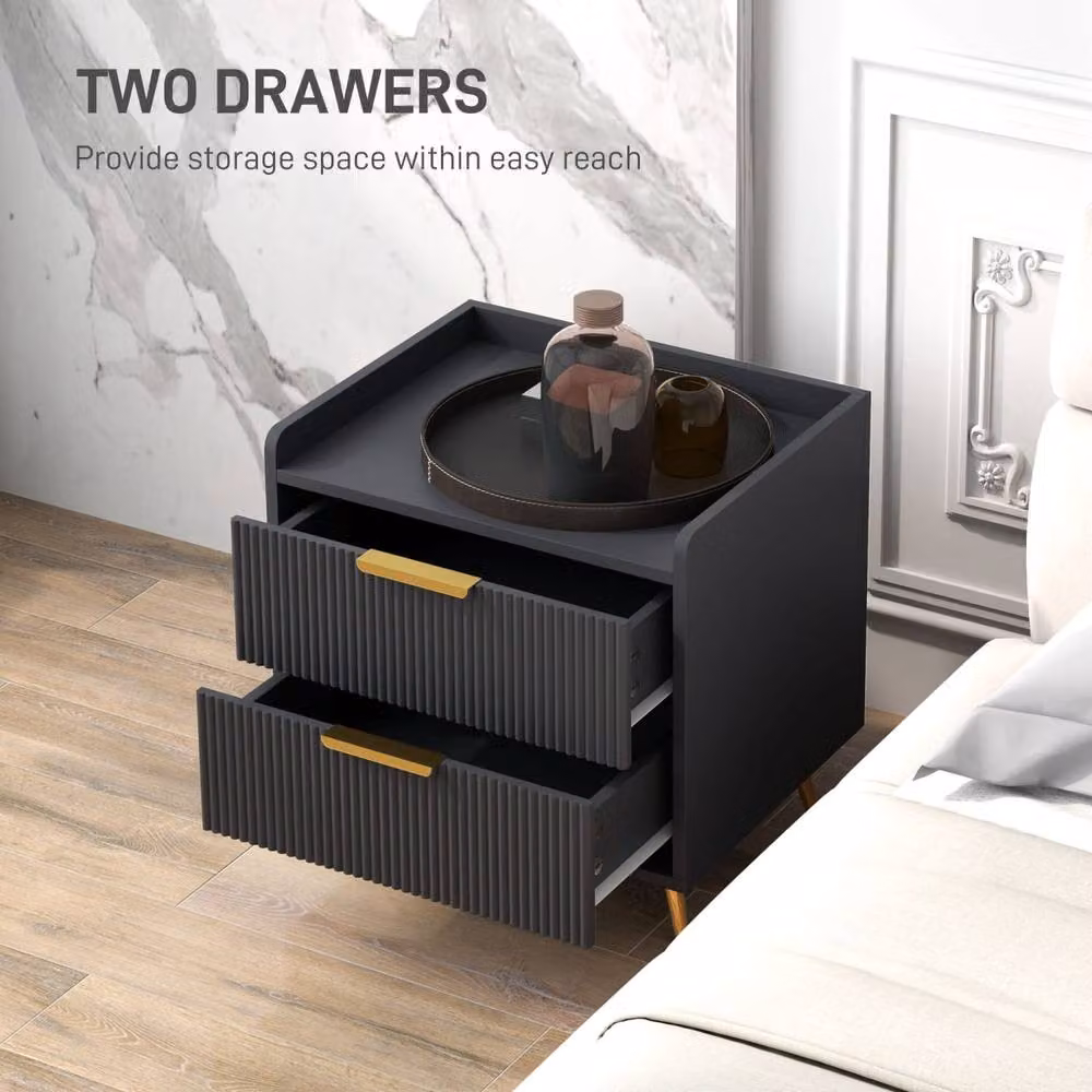 Wyld Haus Vevele Black 2 Drawer Ribbed Bedside Table with Gold Accents – 4