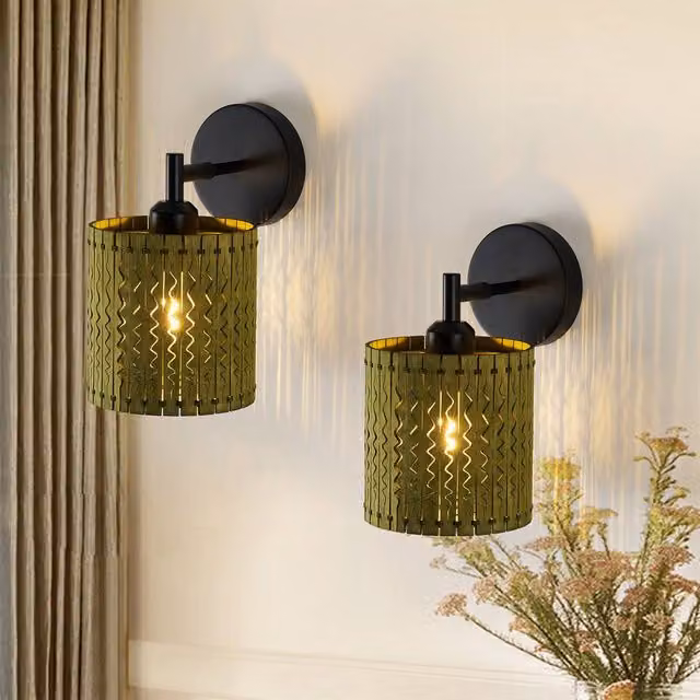 NIVOR Set of 2 Boho Farmhouse Wooden Armed Sconce Wall Lights, Green, E27