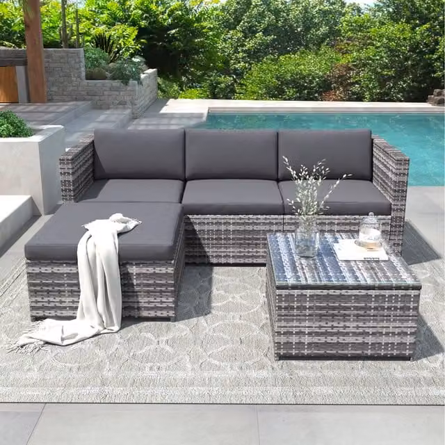 Home Touch Interior Grey Rattan Outdoor Corner Sofa Set with Glass Top Coffee Table