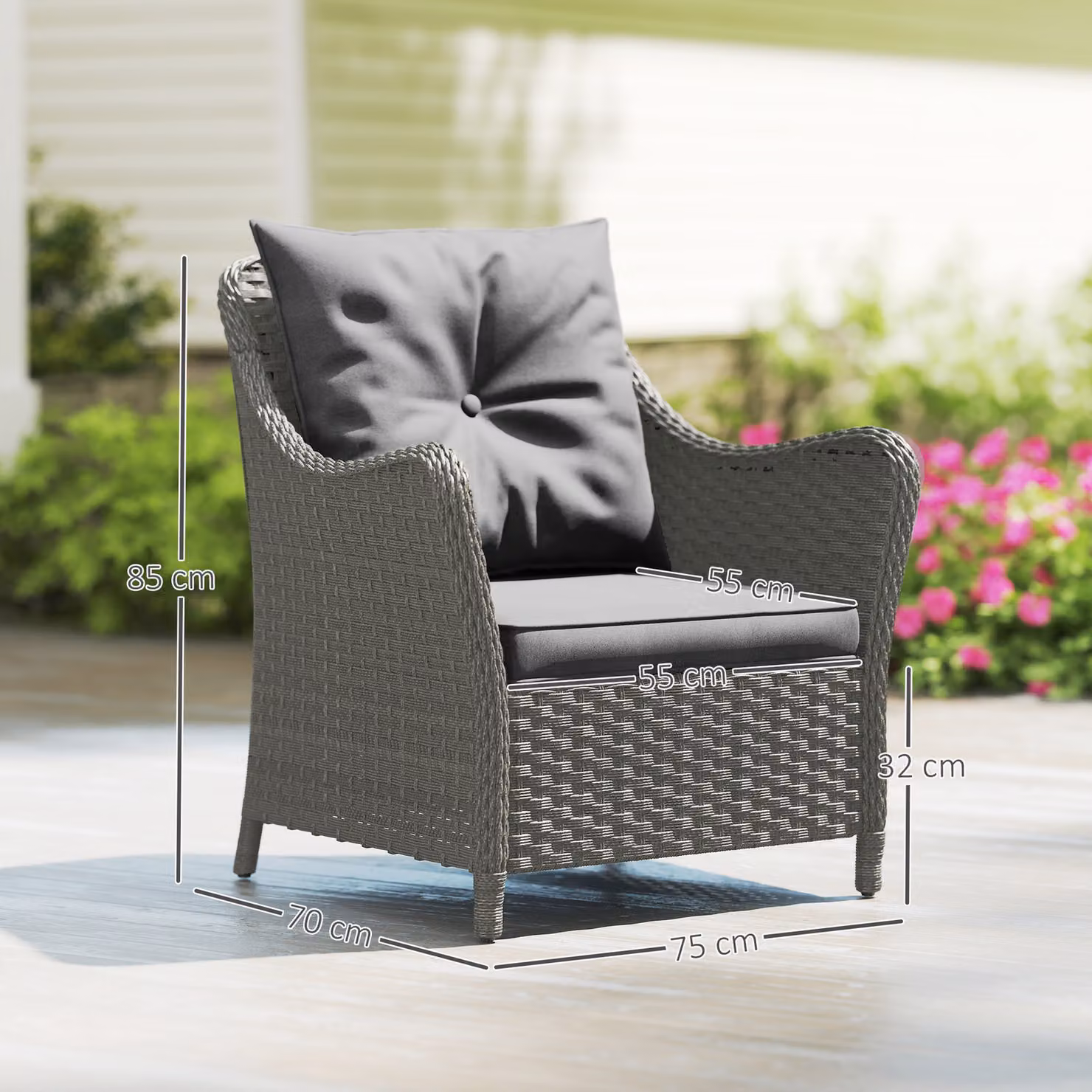Outsunny Set of 2 Dark Grey Rattan Garden Armchairs with Cushions and Steel Frame – 3