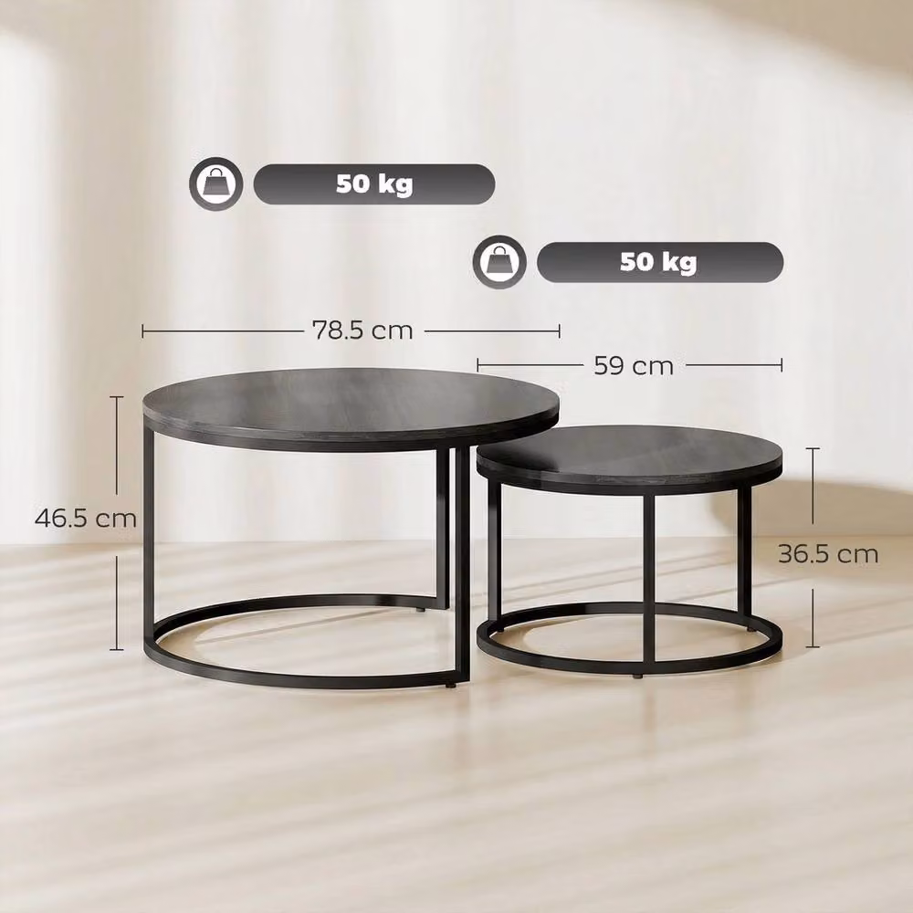 VOGREX Black Wood Grain Round Stacking Coffee Tables with Steel Frame, Set of 2 – 2